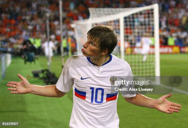 Andrei Arshavin of Russia celebrates scoring Russia's third goal during the UEFA EURO 2008 Quarter Final match between Netherlands and Russia at St....
