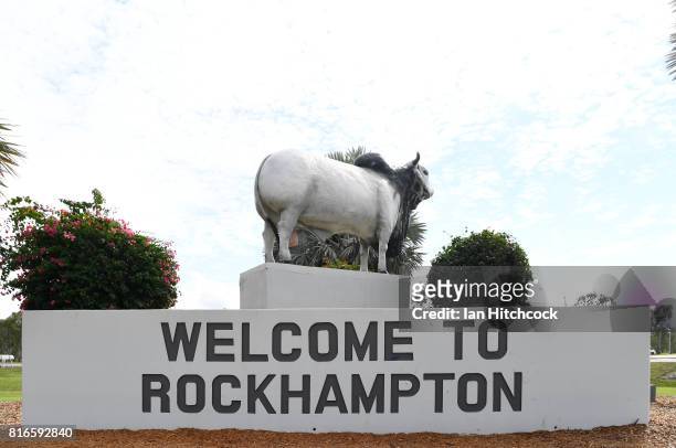 Seen is southern entrance signage and bull statue to the city of Rockhmpton on July 10, 2017 in Rockhampton, Australia