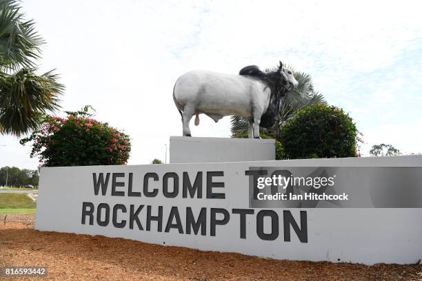 Seen is southern entrance signage and bull statue to the city of Rockhmpton on July 10, 2017 in Rockhampton, Australia