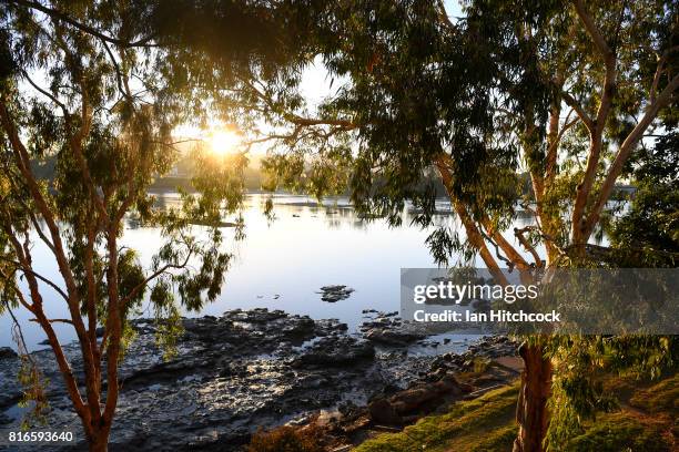 The sun is seen rising through tree foliage over the Fitzroy river on July 12, 2017 in Rockhampton, Australia