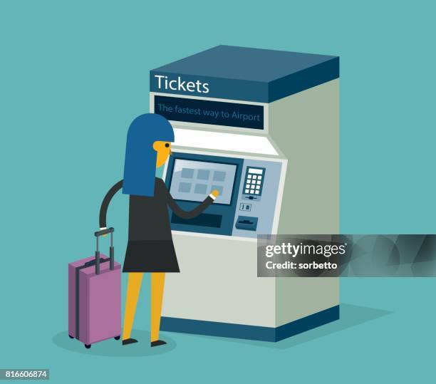 ticket maschine benutzer - geschäftsfrau - gepäckautomaten stock-grafiken, -clipart, -cartoons und -symbole