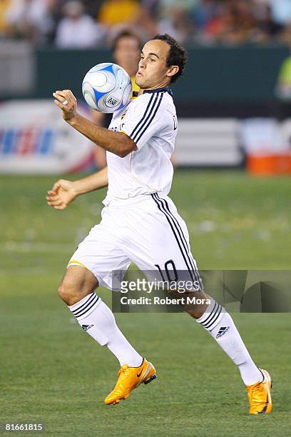 Los Angeles Galaxy forward Landon Donovan stops a loose ball during their MLS game against the Columbus Crew at Home Depot Center on June 21, 2008 in...