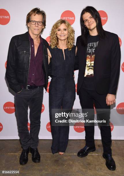 Kyra Sedgwick, Kevin Bacon and Travis Bacon attend the "Story Of A Girl" screening at Neuehouse on July 17, 2017 in New York City.