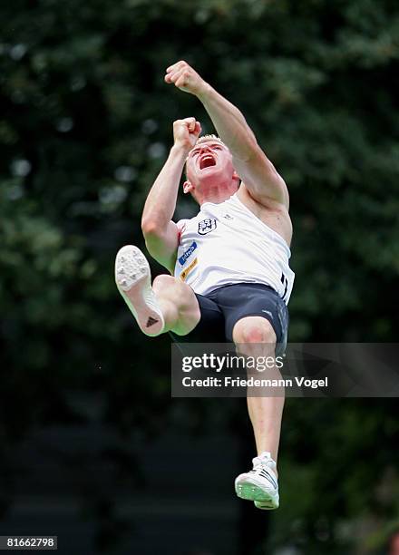 Arthur Abele of Germany celebrates during the pole vault event in the Decathlon during the Erdgas Track and Field Meeting on June 22, 2008 in...