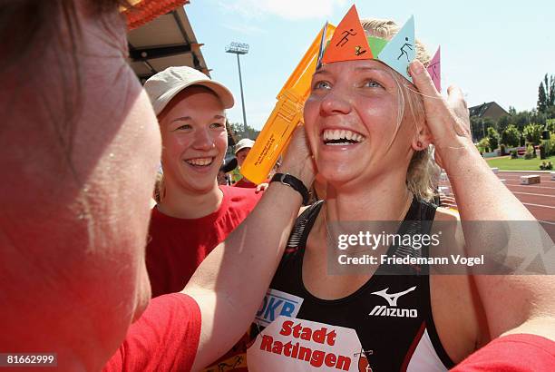 Lilli Schwarzkopf of Germany celebrates after winning the Heptathlon during the Erdgas Track and Field Meeting on June 22, 2008 in Ratingen, Germany.