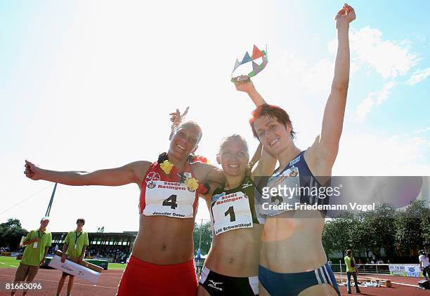 Jennifer Oeser, Lilli Schwarzkopf and Sonja Kesselschlaeger of Germany celebrates after qualified for the Olympic Games Beijing 2008 during the...