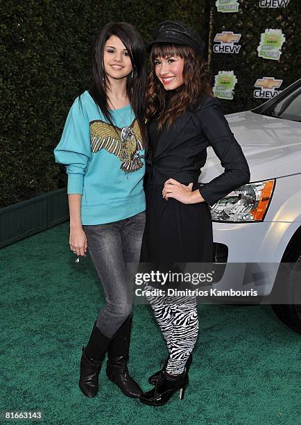 Actresses Selena Gomez and Demi Lovato arrive at Chevy Rocks The Future at the Buena Vista Lot at The Walt Disney Studios on February 19, 2008 in...