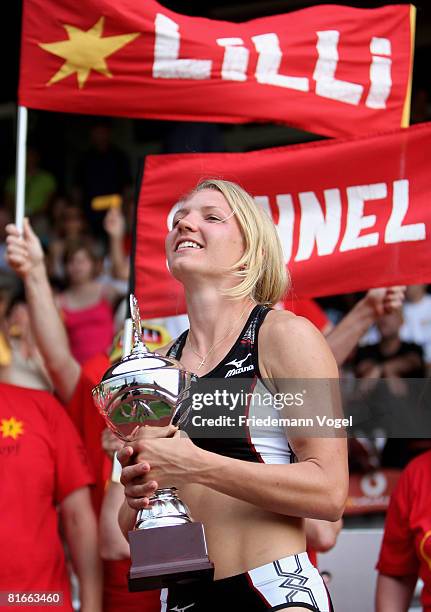 Lilli Schwarzkopf of Germany celebrates after winning the Heptathlon during the Erdgas Track and Field Meeting on June 22, 2008 in Ratingen, Germany.