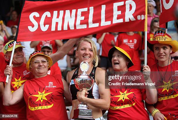 Lilli Schwarzkopf of Germany celebrates after winning the Heptathlon during the Erdgas Track and Field Meeting on June 22, 2008 in Ratingen, Germany.