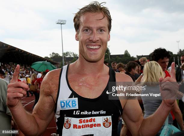 Andre Niklaus of Germany celebrates after qualified for the Olympic Games Beijing 2008 during the Erdgas Track and Field Meeting on June 22, 2008 in...