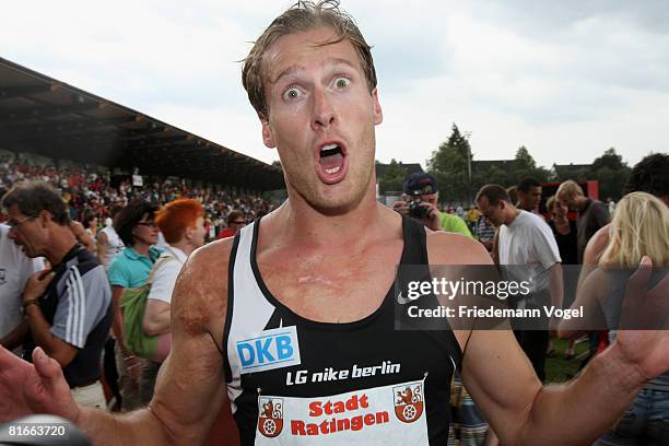 Andre Niklaus of Germany celebrates after qualified for the Olympic Games Beijing 2008 during the Erdgas Track and Field Meeting on June 22, 2008 in...