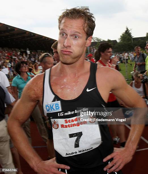 Andre Niklaus of Germany celebrates after qualified for the Olympic Games Beijing 2008 during the Erdgas Track and Field Meeting on June 22, 2008 in...