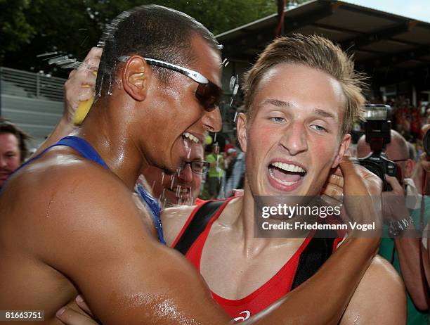 Michael Schrader of Germany celebrates after qualified for the Olympic Games Beijing 2008 during the Erdgas Track and Field Meeting on June 22, 2008...