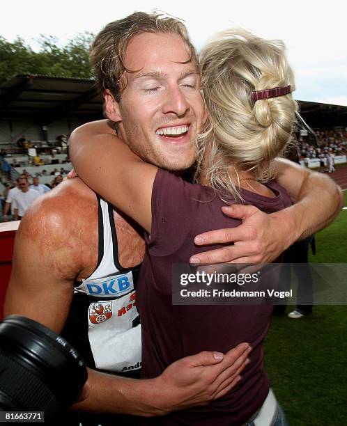 Andre Niklaus of Germany celebrates after qualified for the Olympic Games Beijing 2008 during the Erdgas Track and Field Meeting on June 22, 2008 in...