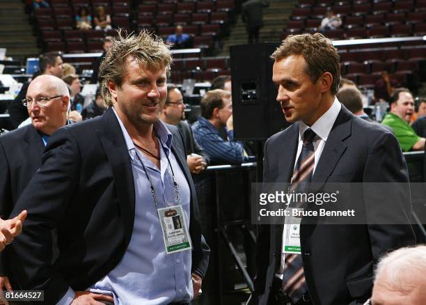 Len Barrie of the Tampa Bay Lightning and Steve Yzerman of the Detroit Red Wings photographed during the 2008 NHL Entry Draft at Scotiabank Place on...