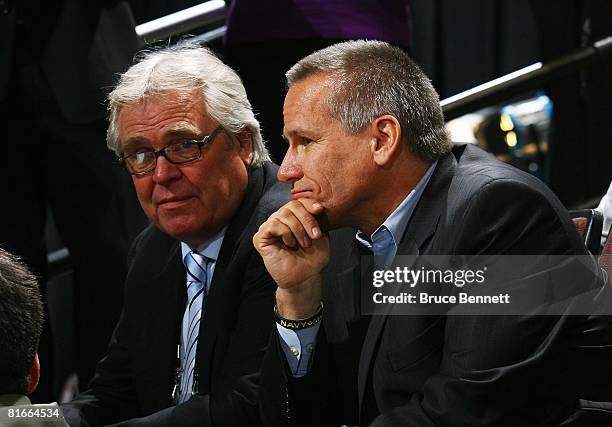 Glen Sather of the New York Rangers and player agent Pat Morris photographed during the 2008 NHL Entry Draft at Scotiabank Place on June 21, 2008 in...