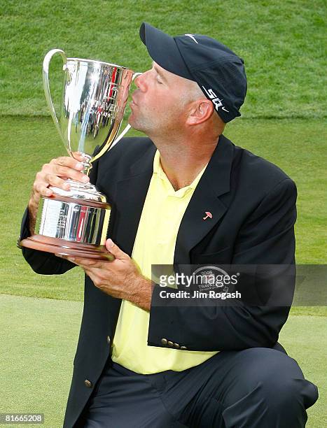 Stewart Cink with the Travelers Championship trophy after winning the Travelers Championship at TPC River Highlands held on June 22, 2008 in...