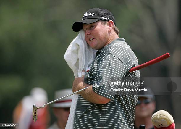 Jarrod Lyle of Australia wipes sweat from his face on the 10th tee during the final round of the Knoxville Open at the Fox Den Country Club on June...