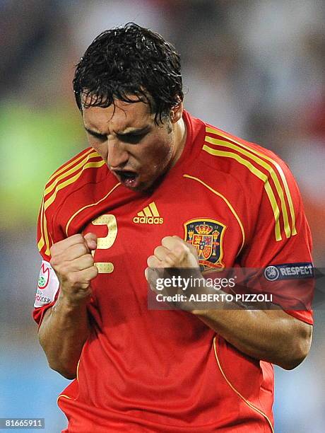 Spanish midfielder Santiago Cazorla celebrates after scoring during the penalty shootouts at the Euro 2008 Championships quarter-final football match...