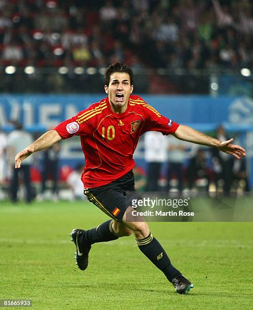 Cesc Fabregas of Spain celebrates after he scores the winning penalty in the shoot out during the UEFA EURO 2008 Quarter Final match between Spain...