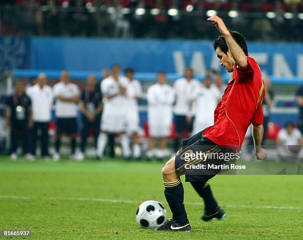 Cesc Fabregas of Spain shoots and scores the winning penalty in the shoot out during the UEFA EURO 2008 Quarter Final match between Spain and Italy...