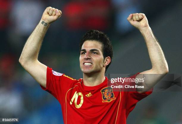 Cesc Fabregas of Spain celebrates after he scores the winning penalty in the shoot out during the UEFA EURO 2008 Quarter Final match between Spain...