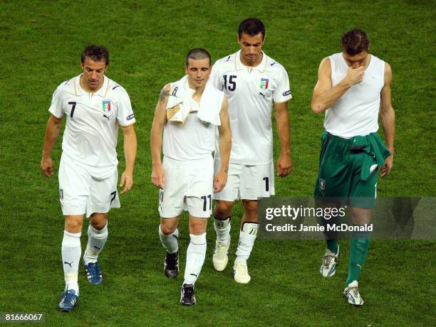 Alessandro Del Piero, Antonio Di Natale, Fabio Quagliarella and Morgan De Sanctis of Italy walk off after their team was defeated during the UEFA...