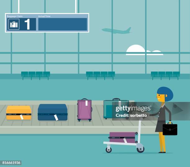 airport conveyor belt - businesswoman - luggage trolley stock illustrations