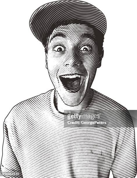 lässige jungen mann mit einem lustig überrascht gesichtsausdruck - portrait lachen stock-grafiken, -clipart, -cartoons und -symbole