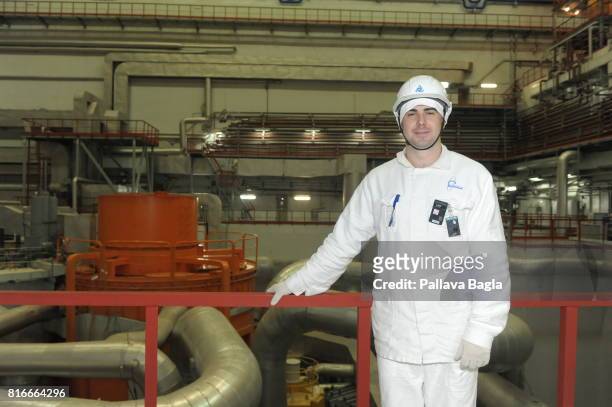 Mr. Andrew Smelov, the shift engineer in-charge of the BN 800 fast breeder reactor. Poses as a team of experts and media are taken inside the Russian...