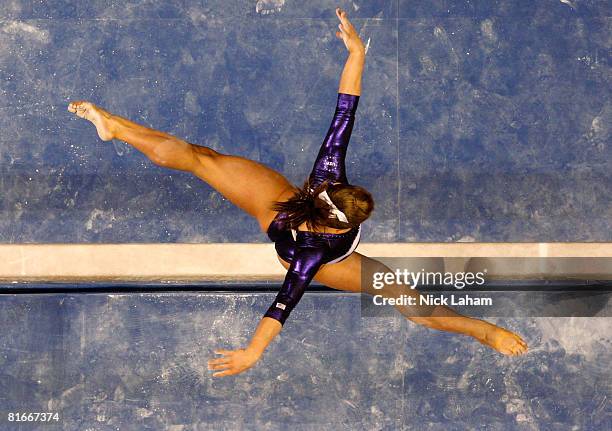 Shawn Johnson competes on the balance beam during day four of the 2008 U.S. Olympic Team Trials for gymnastics at the Wachovia Center on June 22,...