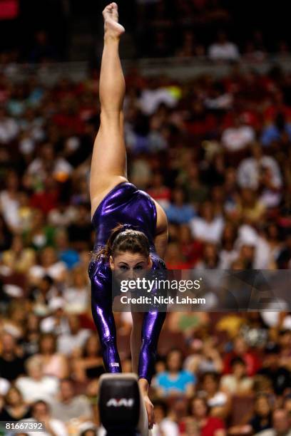 Shayla Worley competes on the balance beam during day four of the 2008 U.S. Olympic Team Trials for gymnastics at the Wachovia Center on June 22,...