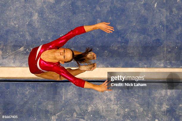 Bridget Sloan competes on the balance beam during day four of the 2008 U.S. Olympic Team Trials for gymnastics at the Wachovia Center on June 22,...