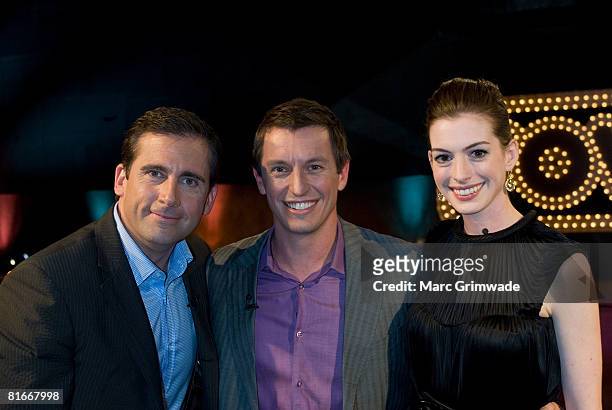 Actors Steve Carell and Anne Hathaway with Rove McManus appearing on the TV chat show 'Rove Live' at Movie World on June 22, 2008 in Gold Coast,...