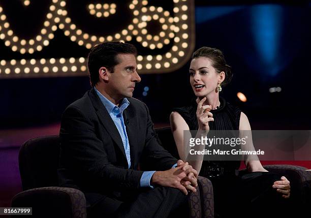 Actors Steve Carell and Anne Hathaway appear on the Rove McManus TV chat show 'Rove Live' at Movie World on June 22, 2008 in Gold Coast, Australia.