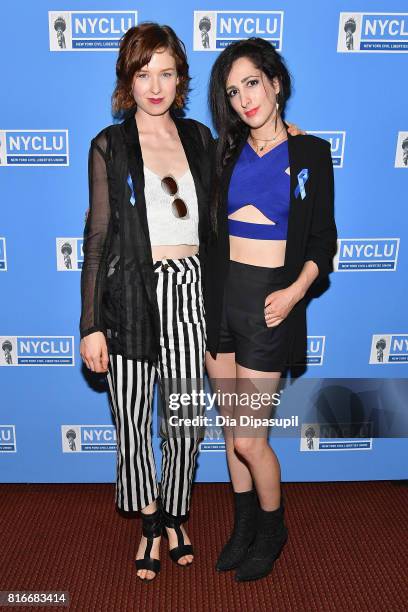 Actors Lucy Walters and Samantha Sherman attend the annual Broadway Stands Up For Freedom" concert hosted by the NYCLU at Jack H. Skirball Center for...