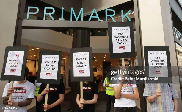 War on Want supporters demonstrate outside the Primark shop on Oxford Street on June 23, 2008 in London, England. An investigation for the BBC's...