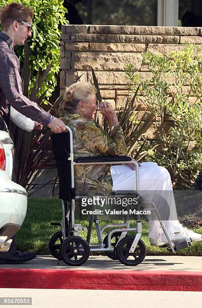 Movie Star Esther Williams leaves Cyd Charisse's Funeral at the Hillside Memorial Park June 22, 2008 in Los Angeles, California.