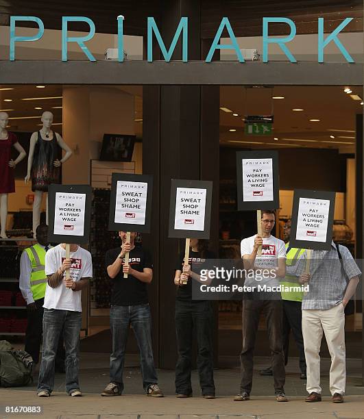 War on Want supporters demonstrate outside the Primark shop on Oxford Street on June 23, 2008 in London, England. An investigation for the BBC's...
