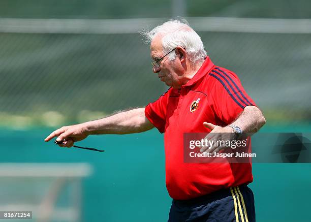 Coach Luis Aragones of Spain gestures during a light training session the day after his quarter-final match at the Kampl training ground on June 23,...