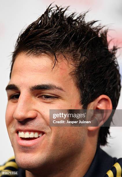 Cesc Fabregas of Spain answers questions from the media during a press conference after a light training session the day after his quarter-final...