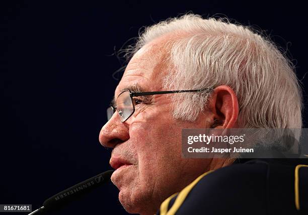 Coach Luis Aragones of Spain answers questions from the media during a press conference after a light training session the day after his...