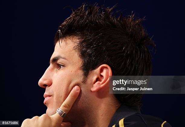 Cesc Fabregas of Spain listens to questions from the media during a press conference after a light training session the day after his quarter-final...