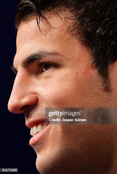 Cesc Fabregas of Spain smiles during a press conference after a light training session the day after his quarter-final match at the Kampl training...