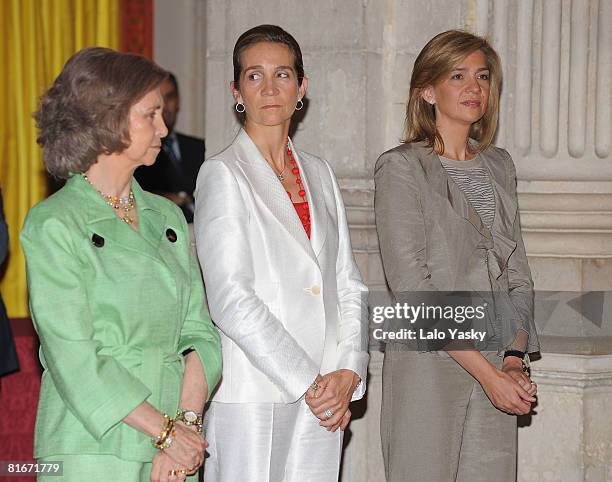 Queen Sofia of Spain, Princess Elena of Spain and Princess Cristina of Spain attend the National Sports Awards ceremony held at The Royal Palace on...