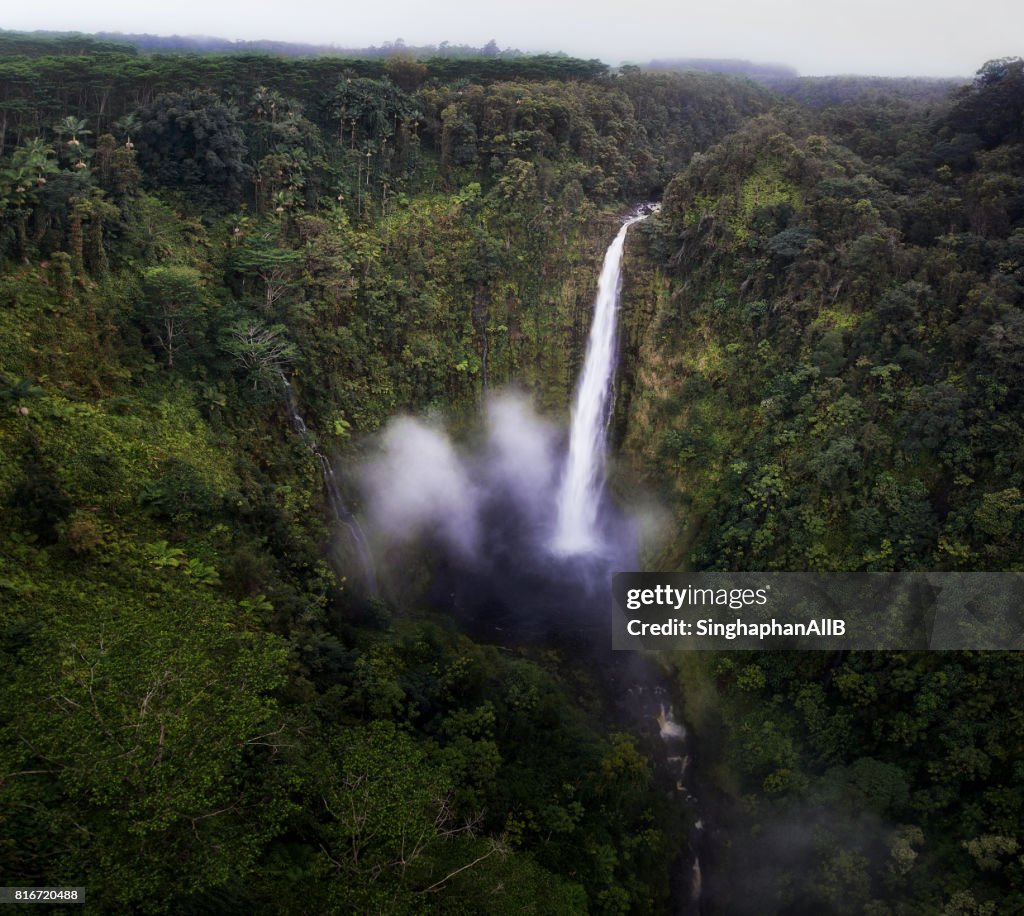 Aerial view of Akaka waterfall located in Hawaii in the day time