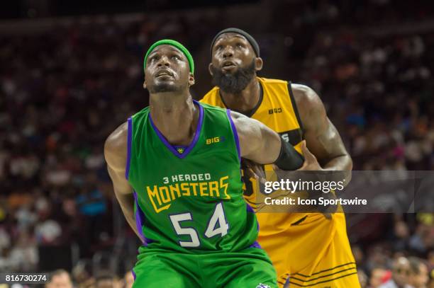 Headed Monster's Kwame Brown fights for position during a BIG3 Basketball league game on July 16, 2017 at Wells Fargo Center in Philadelphia, PA