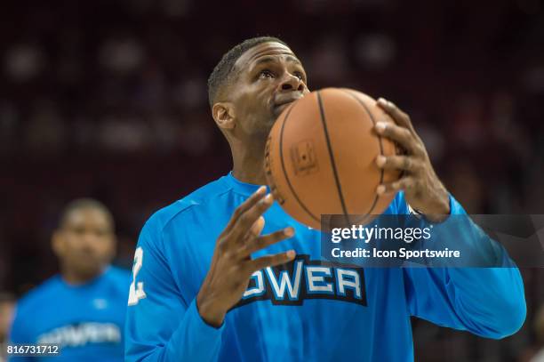 Power's Kendall Gill warms up during a BIG3 Basketball league game on July 16, 2017 at Wells Fargo Center in Philadelphia, PA