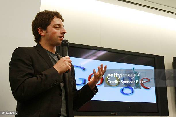 Google co-founder Sergey Brin opens the internet company's new office space inside historic Chelsea Market June 23, 2008 in New York City. The new...