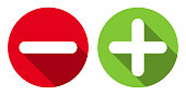Minus & plus signs icons, flat round buttons set.